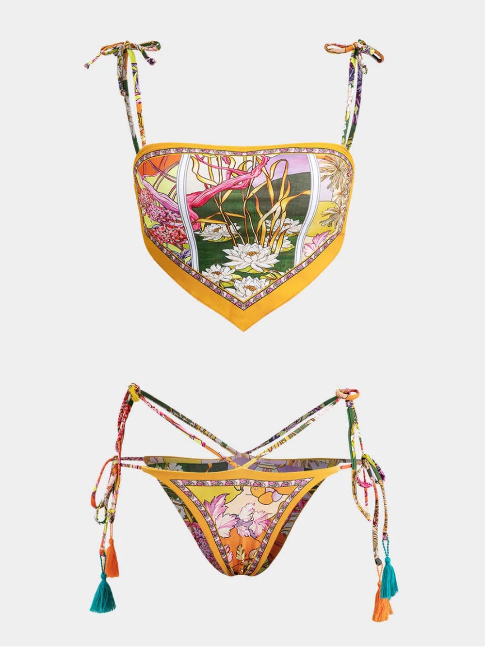 Yellow Floral Scarf-Print Tie Bikini Set